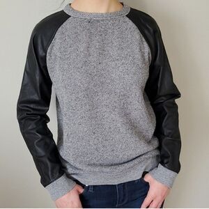 Wilfred Free Crewneck Sweater Gray Black Faux Leather Raglan Sleeves Women's S